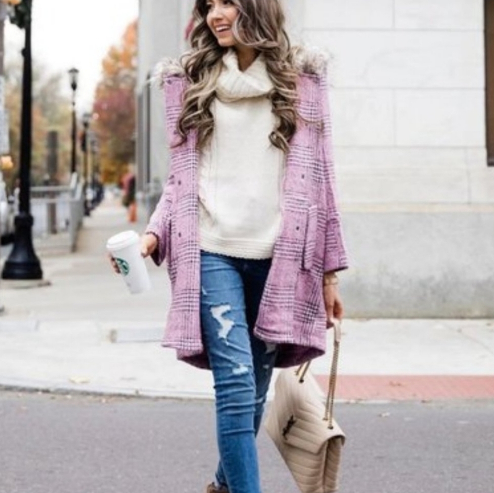 BB DAKOTA  Pink Plaid Hooded Long Coat Size M